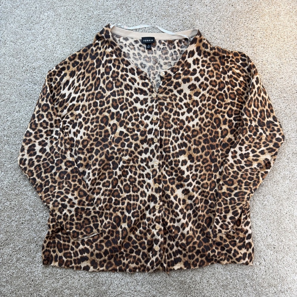 Torrid Cardigan Sweater Womens 3 Brown Leopard Print Button Front Long Sleeve